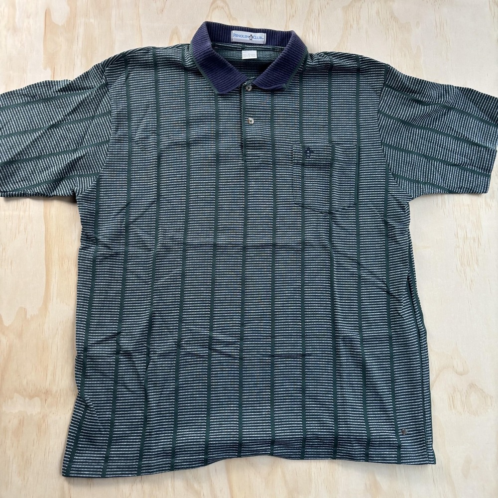 Penguin Club Polo Shirt Mens Large Green Stripe Pocket Knit Made USA Casual